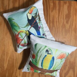 Set of two decorative tropical bird pillows 12”x12”