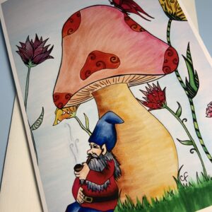 "Token Gnome" Greeting card with mushroom and gnome 5x7