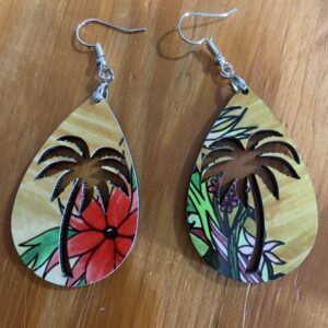 Palm tree earrings- with flowers design, silver hardware