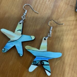 Starfish earrings- with abstract tan and turquoise design, silver hardware