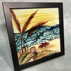 Framed metal art print Crab and beach scene 8" x 8" square