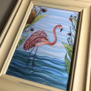 5x7 Art Print, Flamingo with 8x10 yellow frame