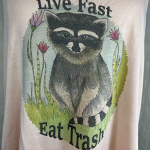 Peach tank top with “Live Fast Eat Trash”  Raccoon print (L)