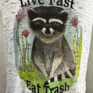 Bella Canvas Flowy tank top with “Live Fast Eat Trash” Raccoon print (M)