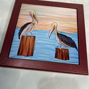 6x6 tile with Pelicans at sunset print, wood frame