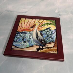 6x6 tile with Pelican beach print, wood frame