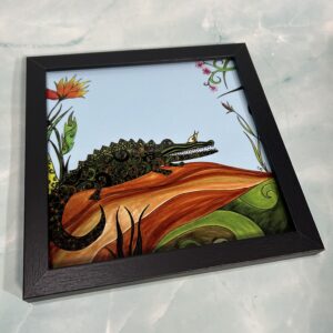 Framed metal art print Alligator and bird  8" x 8" square