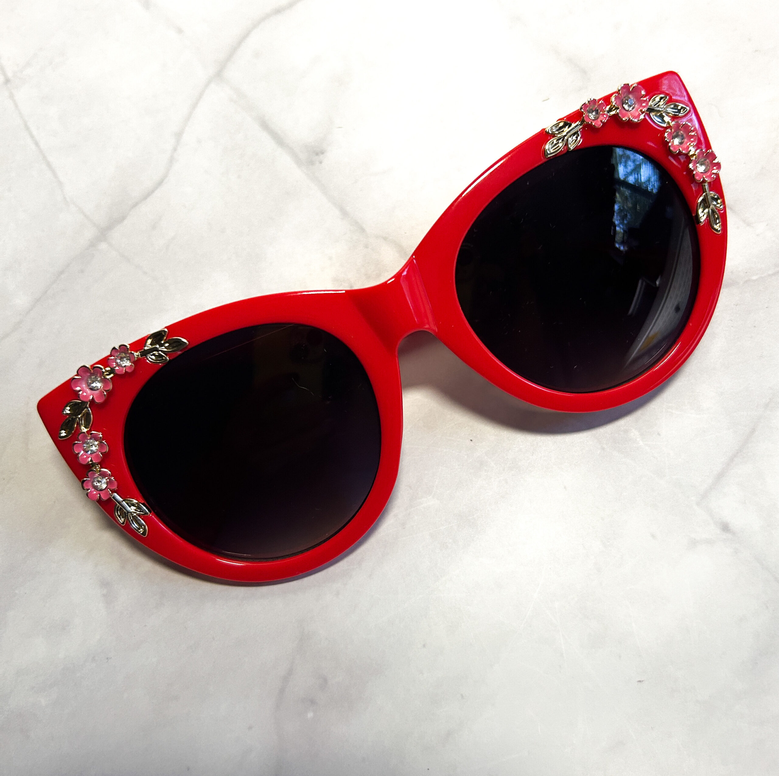 Red Sunglasses- Cat eye style with floral accents