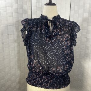Joie sheer navy floral blouse- Cap ruffle sleeves (L)