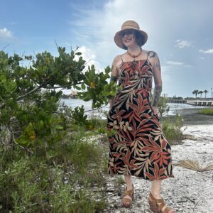 Tropical leaves pattern- Tunnel Shoulder smocked midi dress (S,M,L)