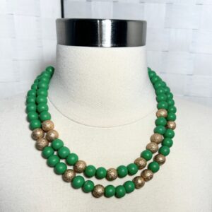 Green and gold double strand beaded necklace