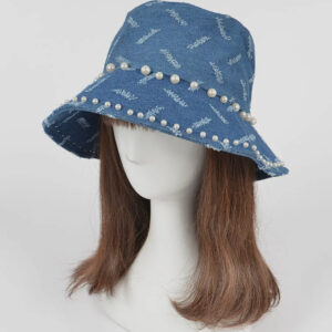 Denim bucket hat with faux pearl embellishments