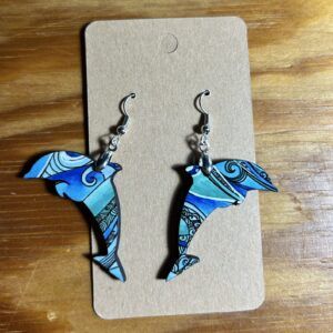 Dolphin dangle earrings bright blue swirls