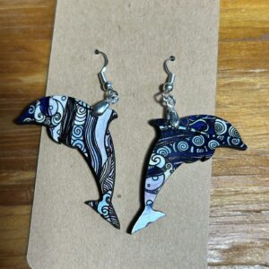 Dolphin dangle earrings dark blue swirls