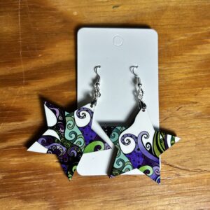 Large star dangle earrings purple/green/white abstract pattern